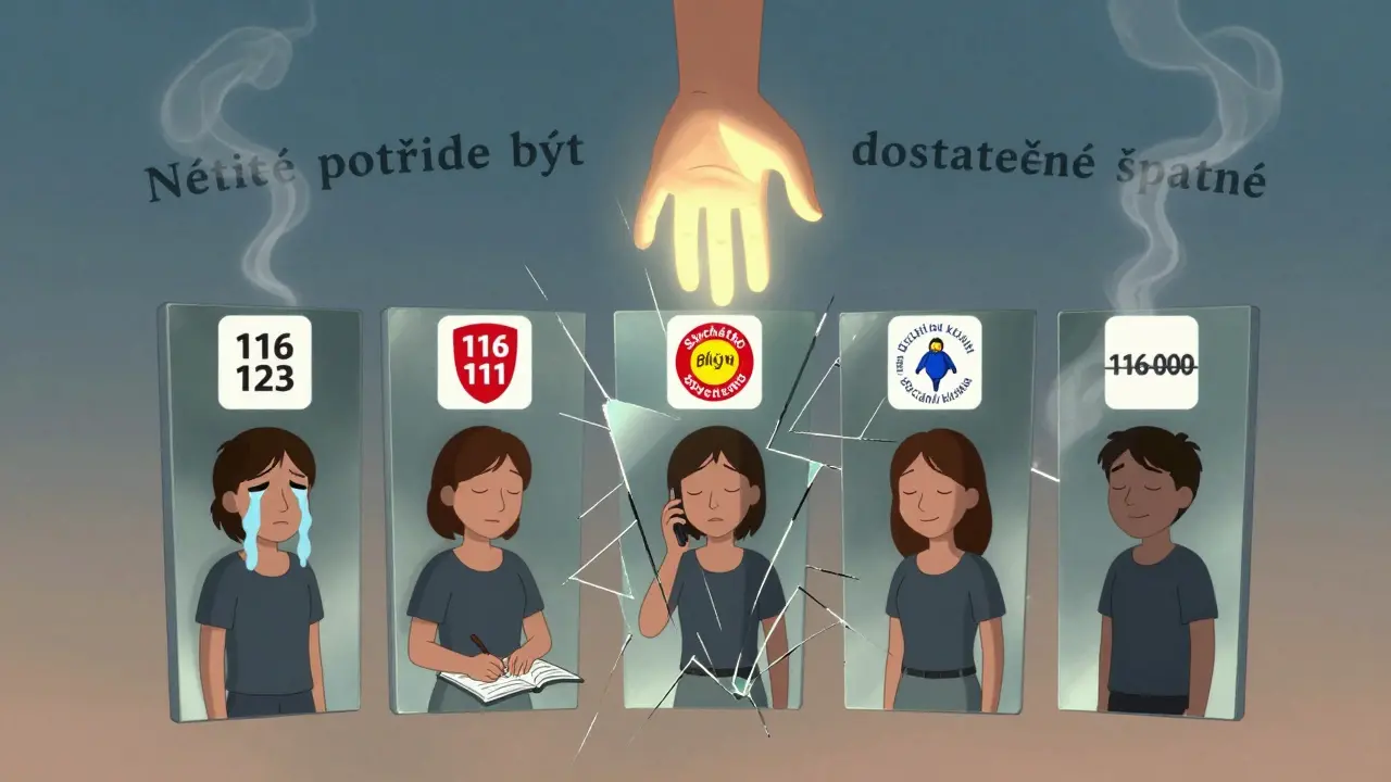 Šest verzí člověka odražených v zlomeném zrcadle, každá spojená s jinou bezplatnou pomocí.