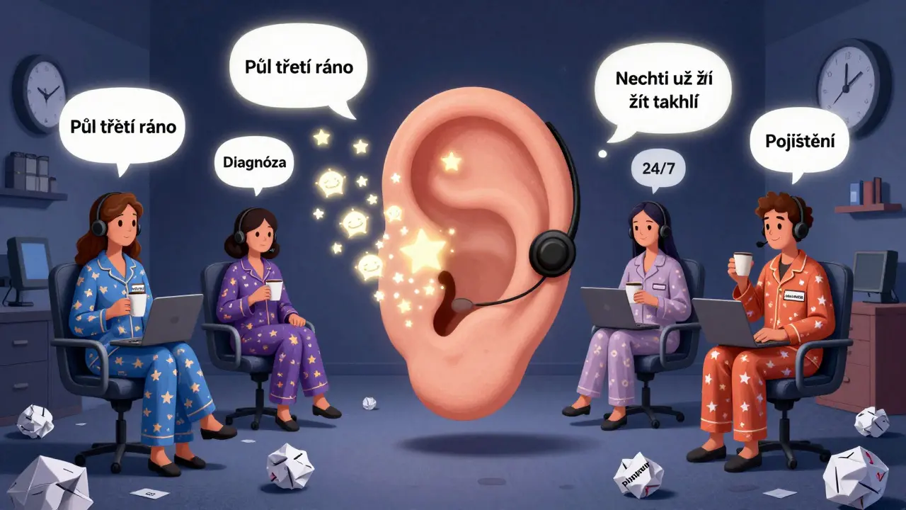 Surreální call centrum s obrovským uchem, které naslouchá tisícům hovorů v 24/7 režimu.