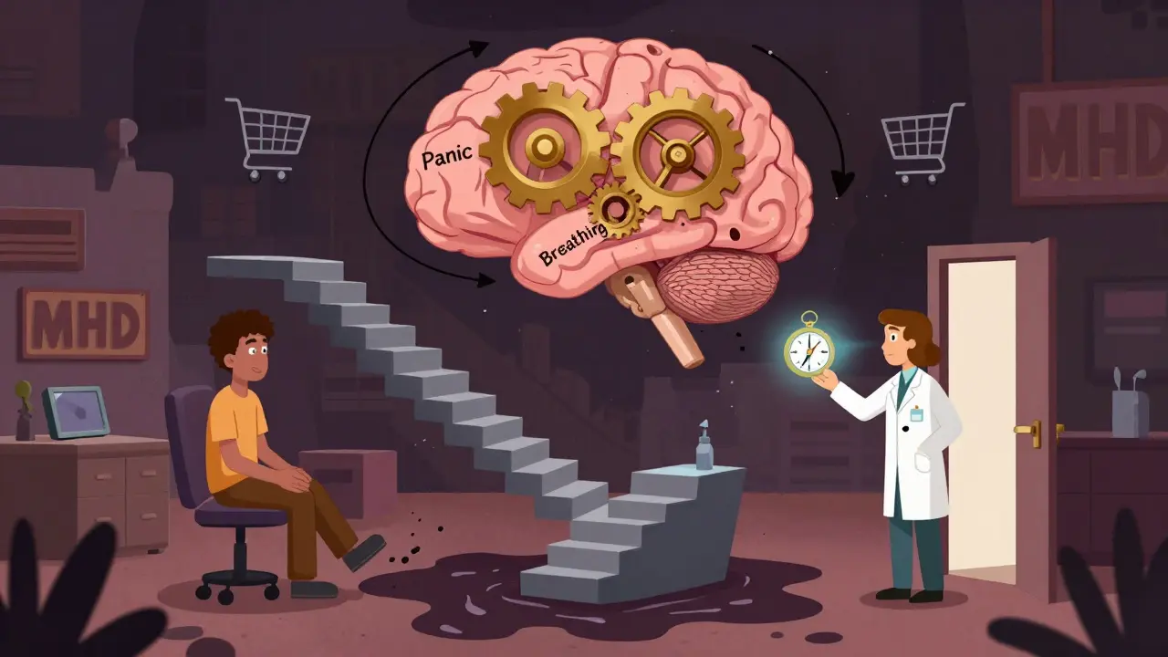 Terapeut a pacient sedí v surrealní kanceláři, nad nimi se točí mozek s koly.