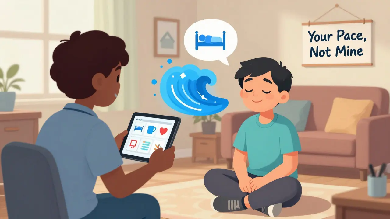 Terapeut používá vizuální pomůcky s ikonami, aby komunikoval s klientem s poruchou autistického spektra.