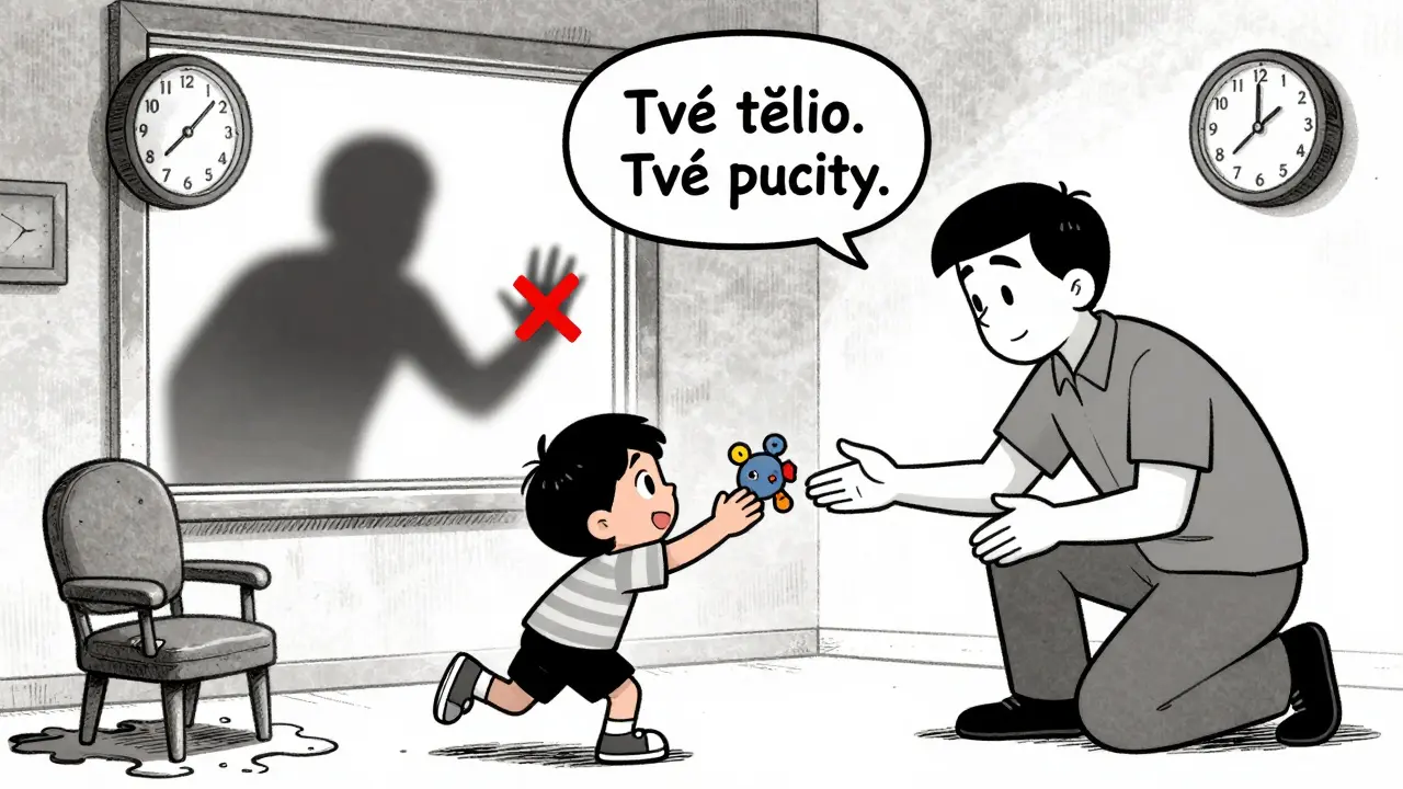 Terapeut respektuje dítěte, když se nechává vzít hračku, zatímco rodič je venku.