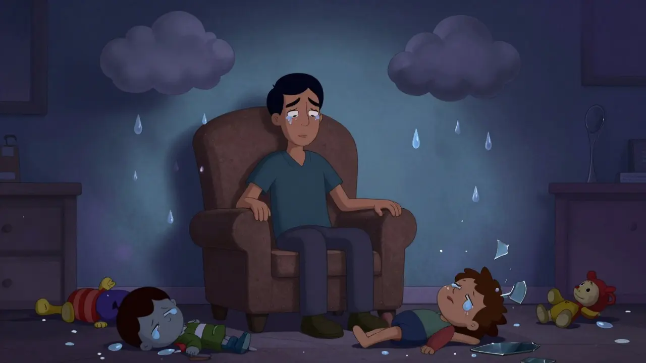 Terapeut sedí klidně, klient pláče, slzy se mění v abstraktní symboly vzpomínek.