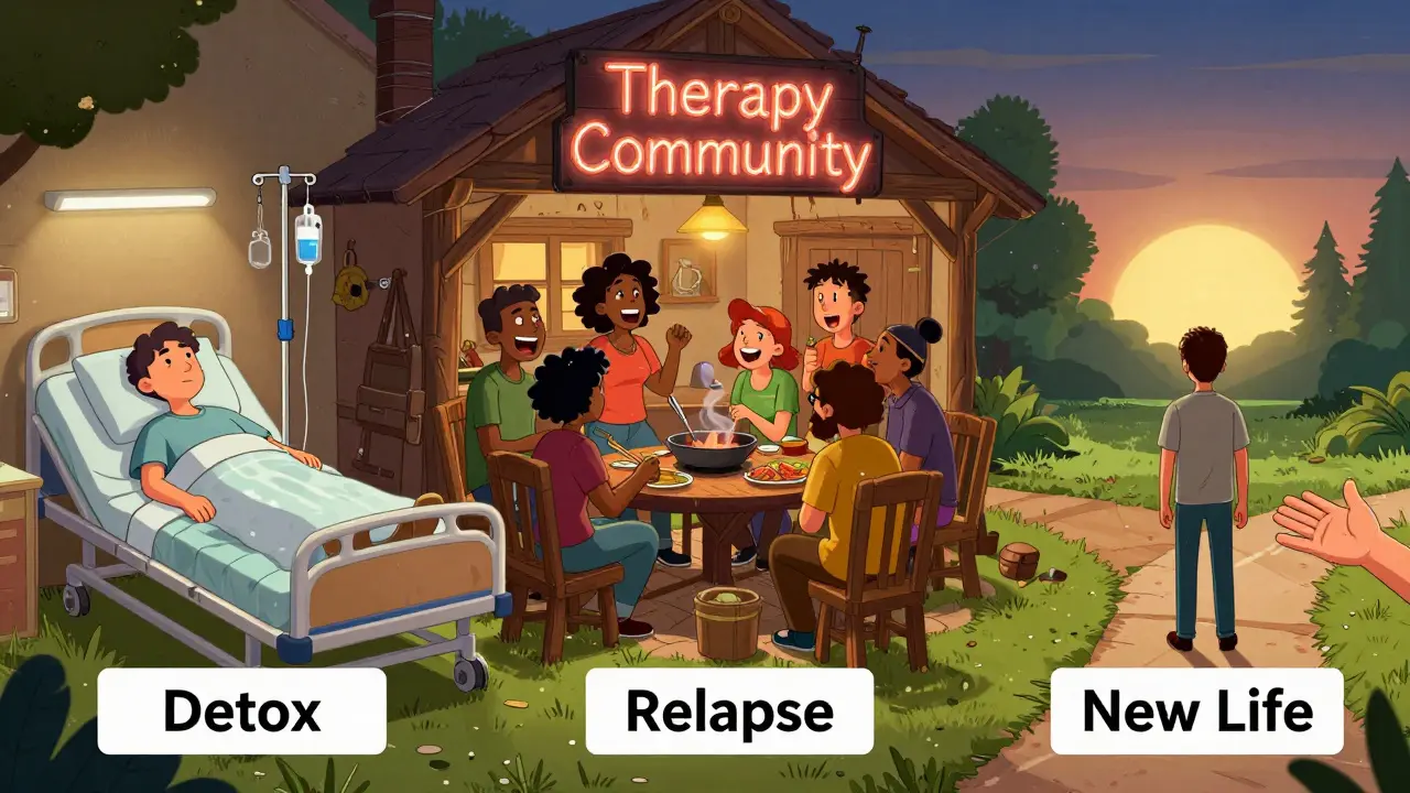 Tři fáze léčby: detoxikace, terapeutická komunita a příprava na návrat do světa.