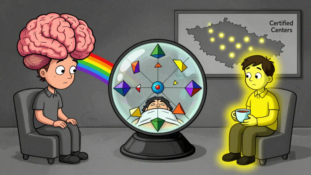 Tři terapeutické scény: pohyb očí, ketaminový kaleidoskop a tichá podpora s šálkem čaje, v pozadí mapa ČR s 12 centry.