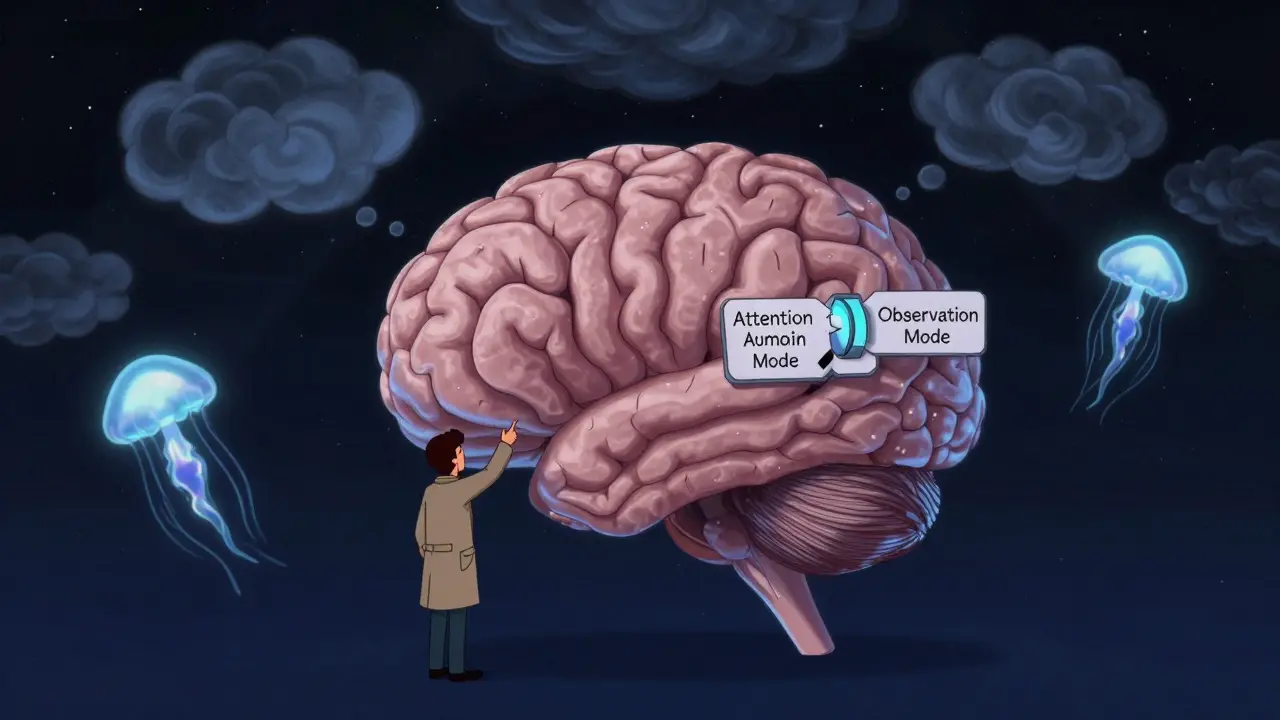 Velký mozek v noční obloze s myšlenkovými mraky, které se mění z bouřky na klid, zatímco člověk otočí přepínač pozornosti.