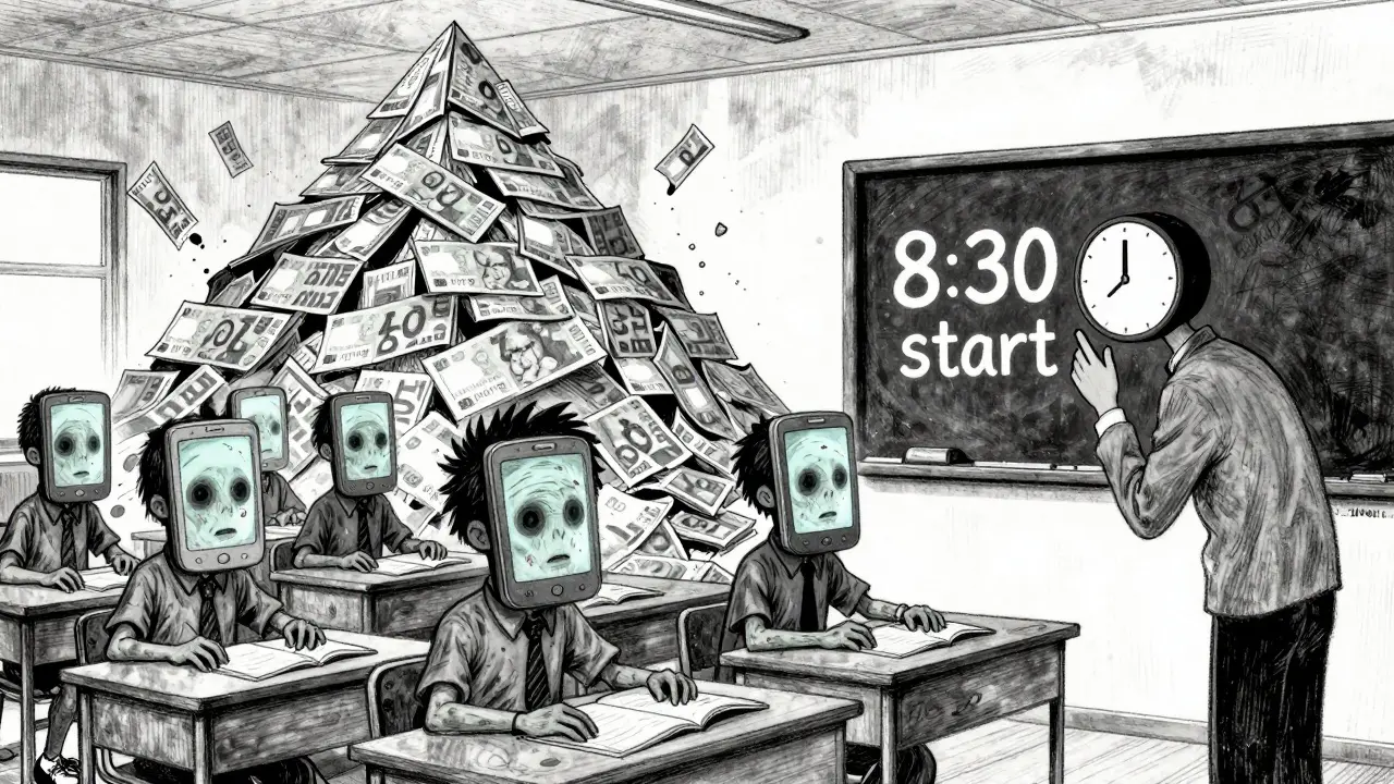 Žáci ve třídě mají místo hlav mobilní obrazovky, učitel má hodiny jako hlavu.