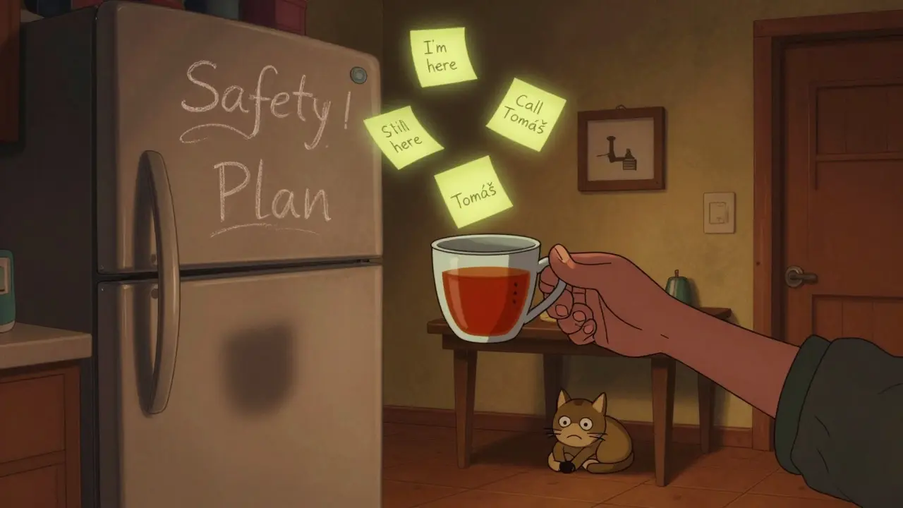 Bezpečnostní plán na ledničce s plujícími poznámkami a rukama, které podávají čaj.