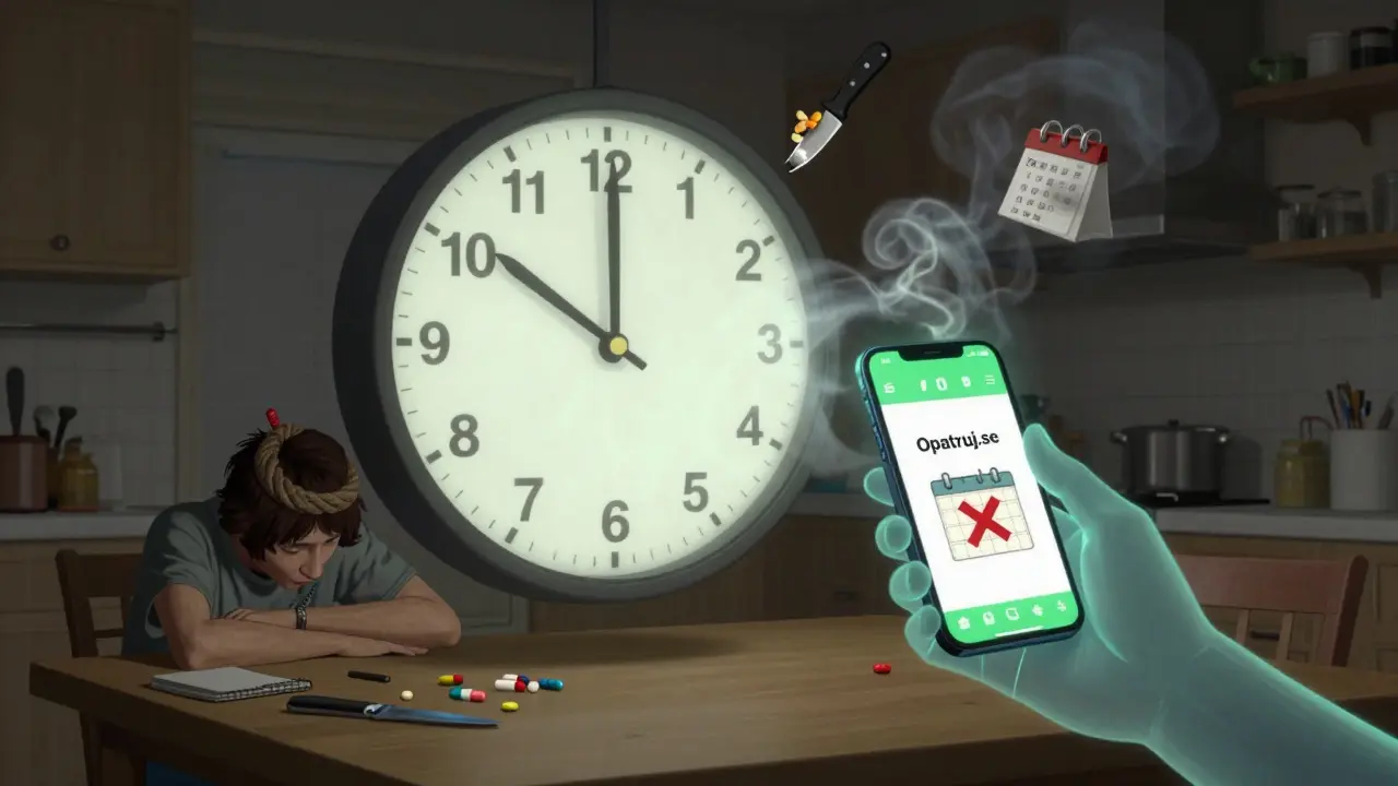 Časový countdown s nebezpečnými předměty, přes něj se táhne ruka se smartphone s aplikací Opatruj.se.