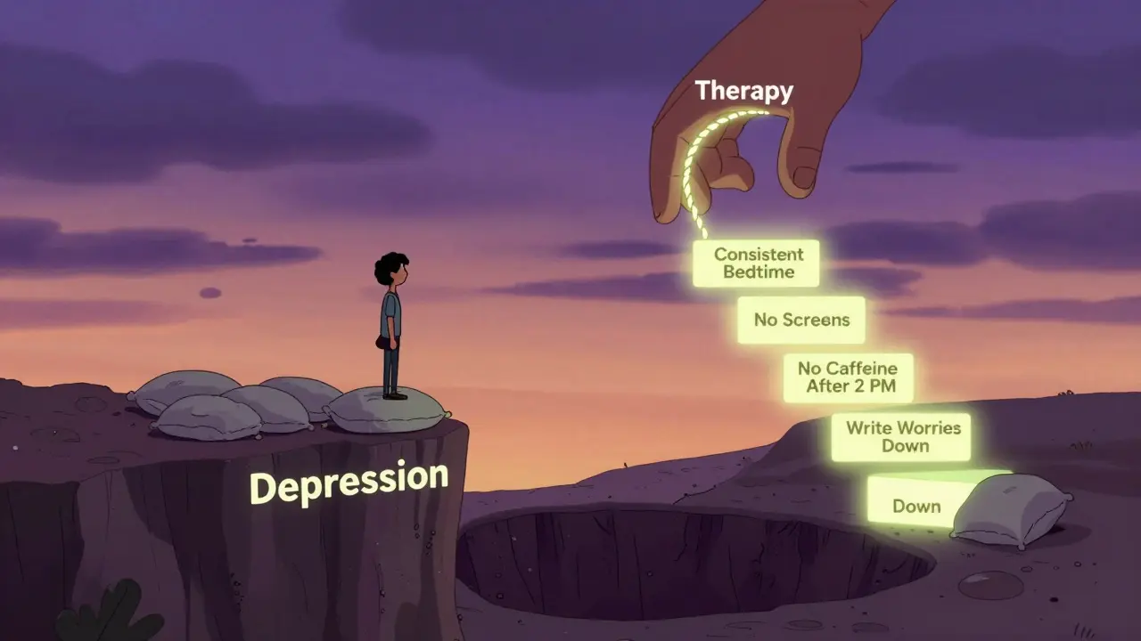 Člověk na hraně polštářů, který se dívá dolů do jámy deprese, zatímco ho terapie táhne nahoru.