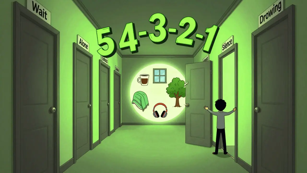 Člověk stojí u dveří s symboly techniky 5-4-3-2-1 kolem sebe.