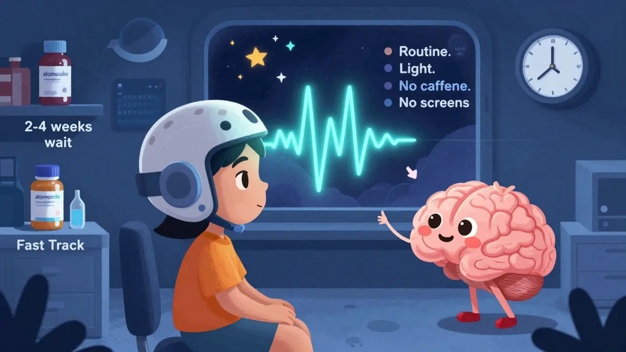 Dítě s hlavolamem EEG vidí svůj mozek jako postavu ve hře, která se učí klidu, zatímco léky leží na polici.