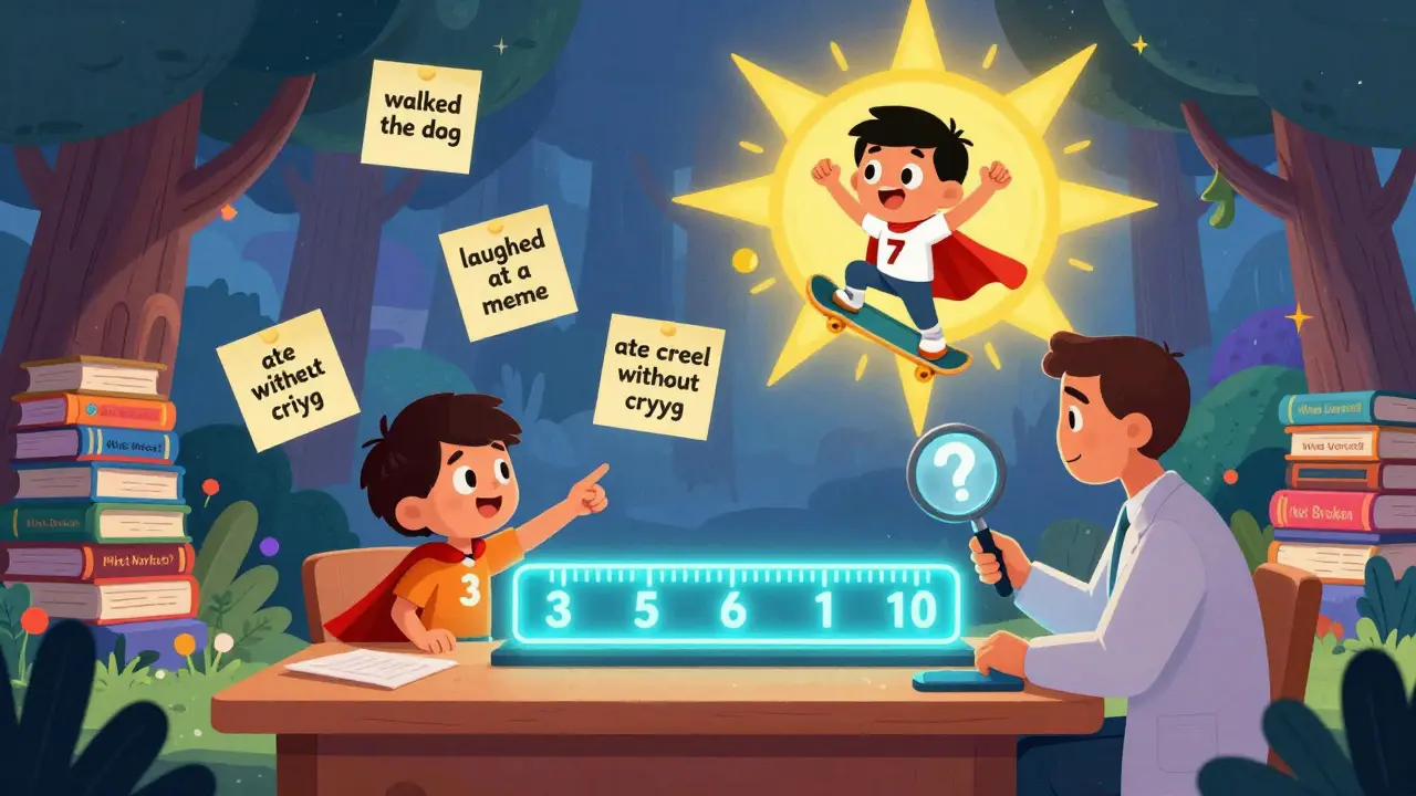 Dítě ukazuje na škálu 0–10, zatímco jeho lepší verze tančí ve světle.