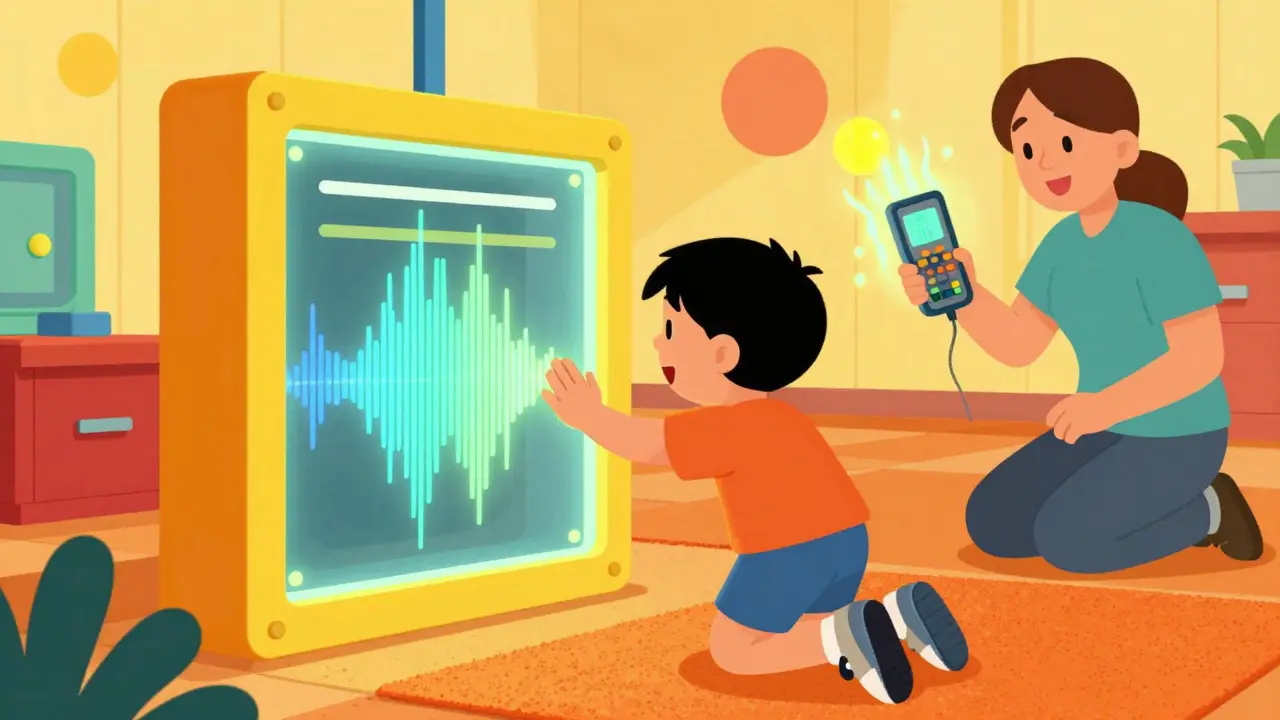 Dítě v aktivační zóně s jasnými barvami, texturovaným podlahovým kobercem a nízkým hlukem.