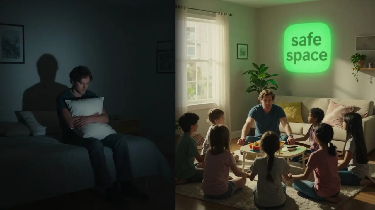 Dvě scény: osamělý muž v temnotě vs. stejný muž v bezpečném prostoru se rodinou, symbolizující léčbu.