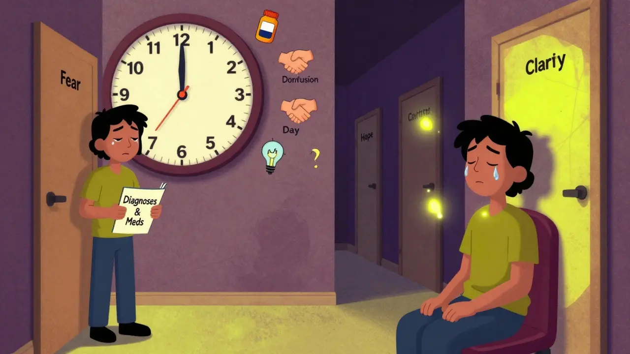 Dvě verze člověka: jedna se obává vstupu do terapie, druhá už sedí klidně s plynoucími slzami jako světélky.