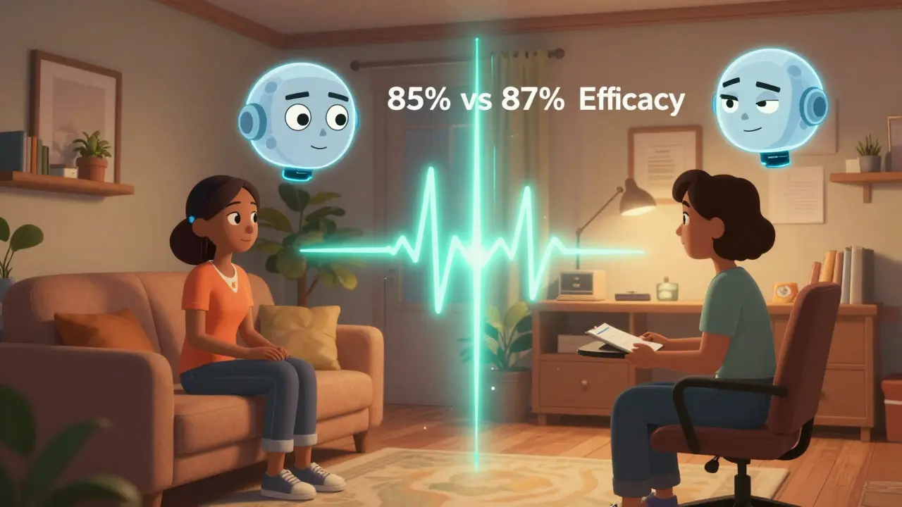 Hybridní terapie: klient sedí osobně i online zároveň, mezi nimi pulsuje portal s porovnáním účinnosti terapie.