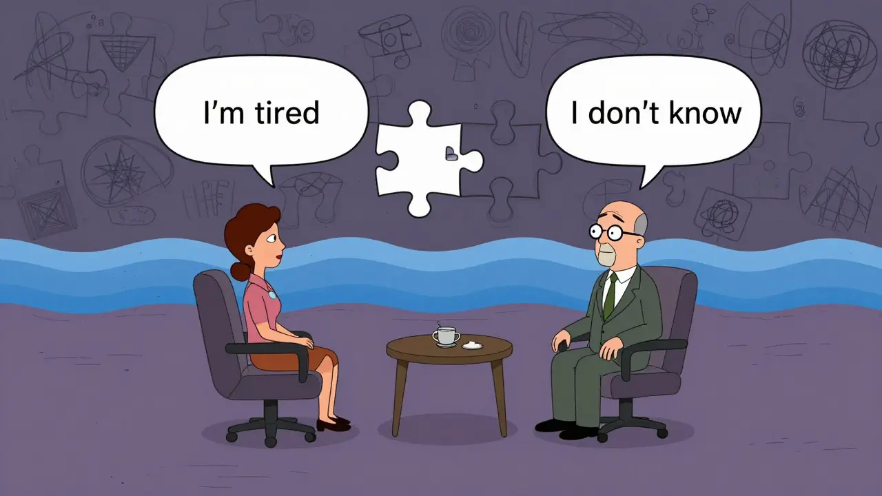 Klient a terapeut sedí na plavajících židlích v prázdném prostoru, jejich konverzace se zobrazuje jako skládačka slov.