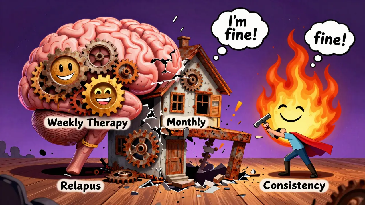 Mozek jako dům s různými částmi: jedna funguje, druhá zhýrala, třetí hoří.