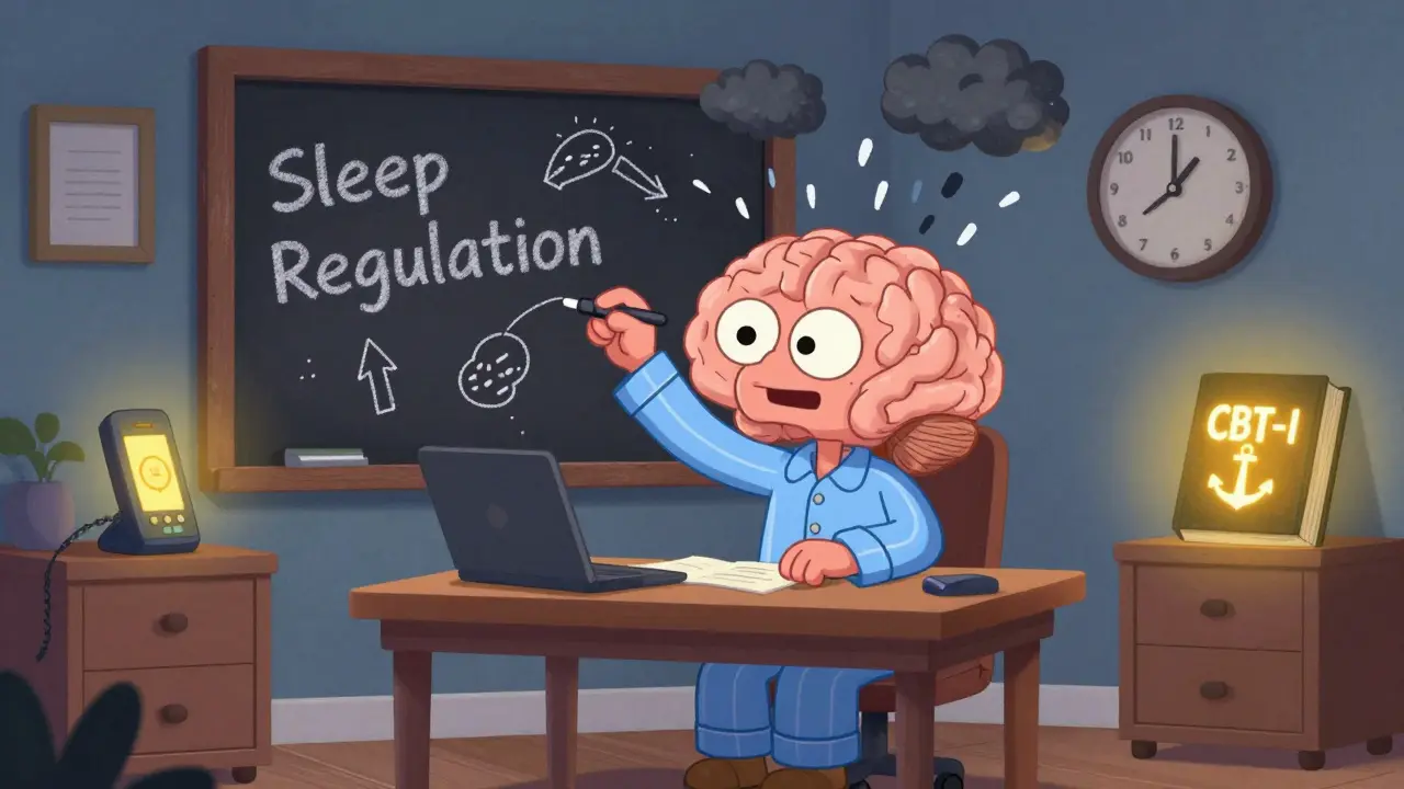 Mozek v pyžamu, jak se snaží udržet chemickou rovnováhu mezi serotoninem a kortizolem.