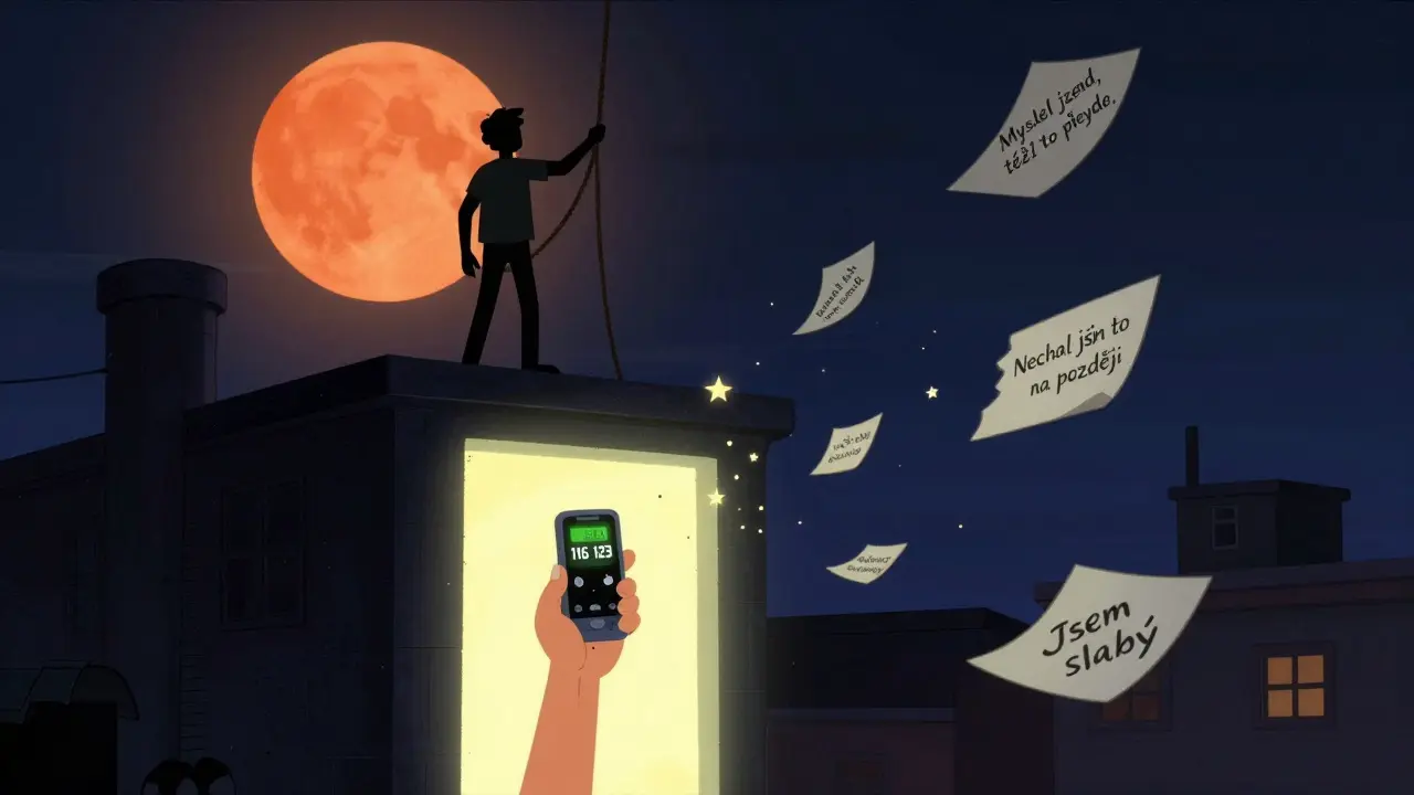 Muž na střeše drží provaz, z něj se táhne jeho vlastní ruka s telefonem 116 123.