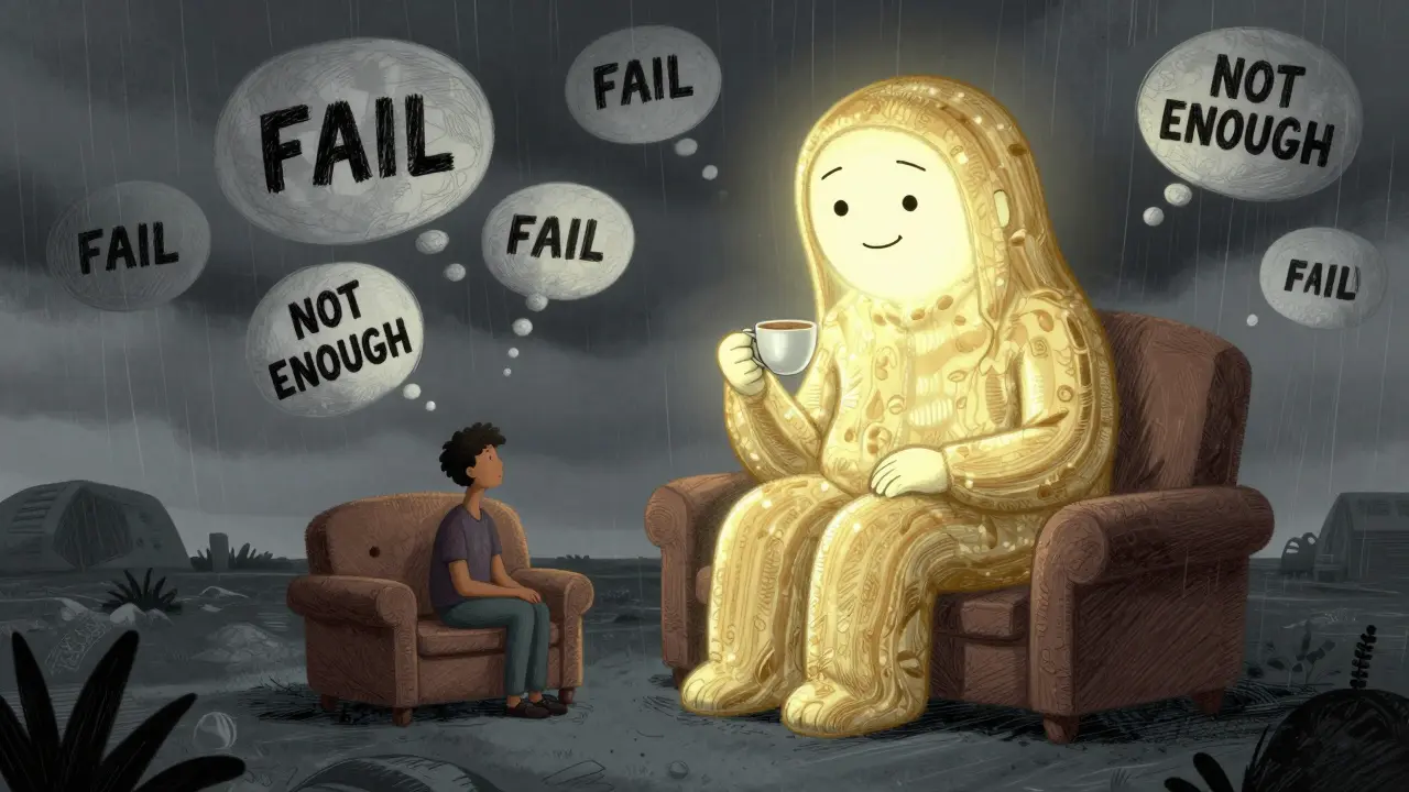 Osoba na plavající křesle v duševní bouři, zatímco teplá postava ji uklidňuje s čajem.