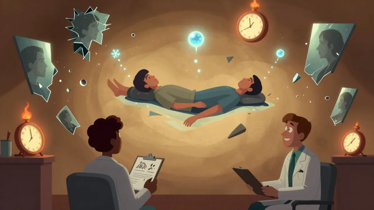 Pacient ve vzduchu, rozpadající se vzpomínky se mění ve světlo, ketamin jako sníh, terapeuti níže.