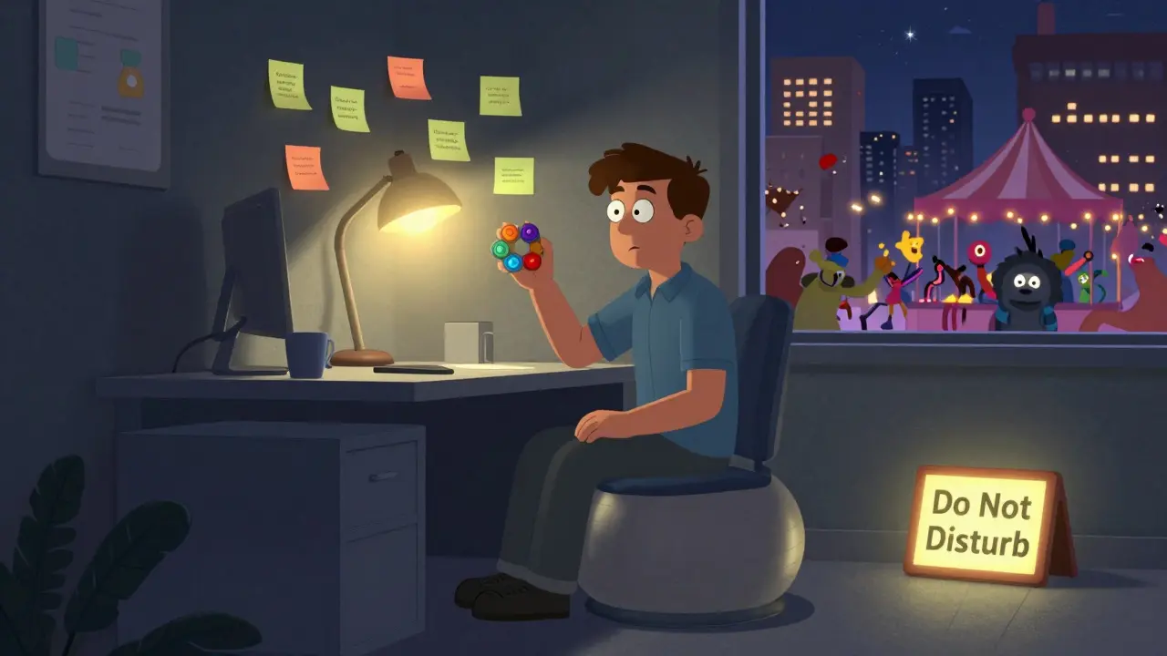 Pracovník s ADHD v klidném koutě s fidgetem a teplým osvětlením, proti chaosu venku.