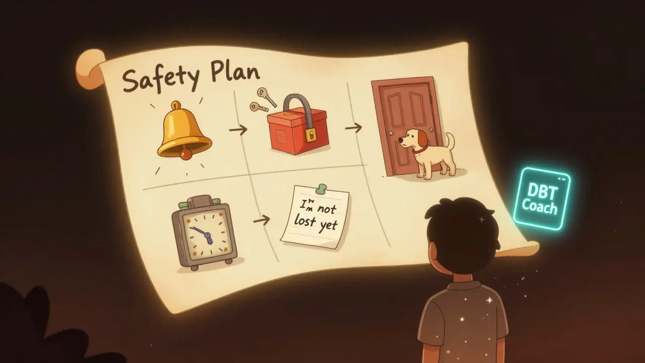 Příručka bezpečnostního plánu plave ve vzduchu jako zářící svit, s vizuálními symboly každého kroku a digitální aplikací DBT Coach.