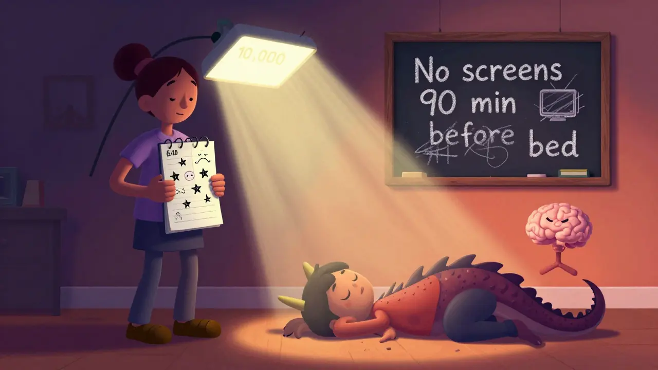 Rodič ukazuje denník spánku pod zářivou světelnou lampou, zatímco dítě vystaveno rannímu světlu má v podobě draka spánek.