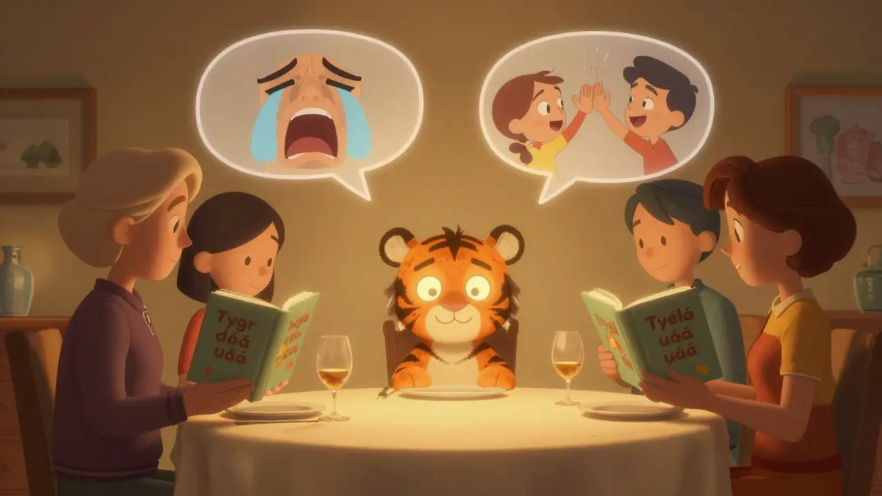 Rodina a učitel společně čtou knihu o ADHD, zatímco dítě klidně sedí jako tygr.