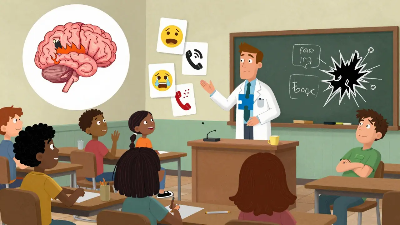 Rodina účastní se psychoedukace, kolem nich plavou vizuální příběhy o mozku, triggerech a emocích ve formě kreslených ilustrací.