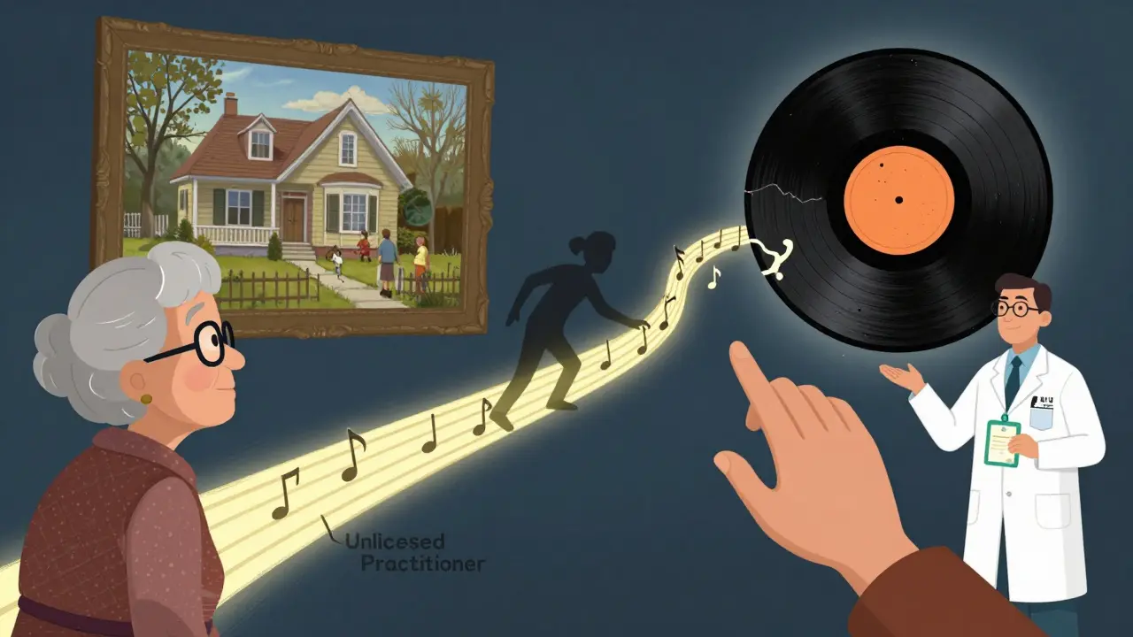 Stará žena spojuje vzpomínku z obrazu a hudby přes světelný most.