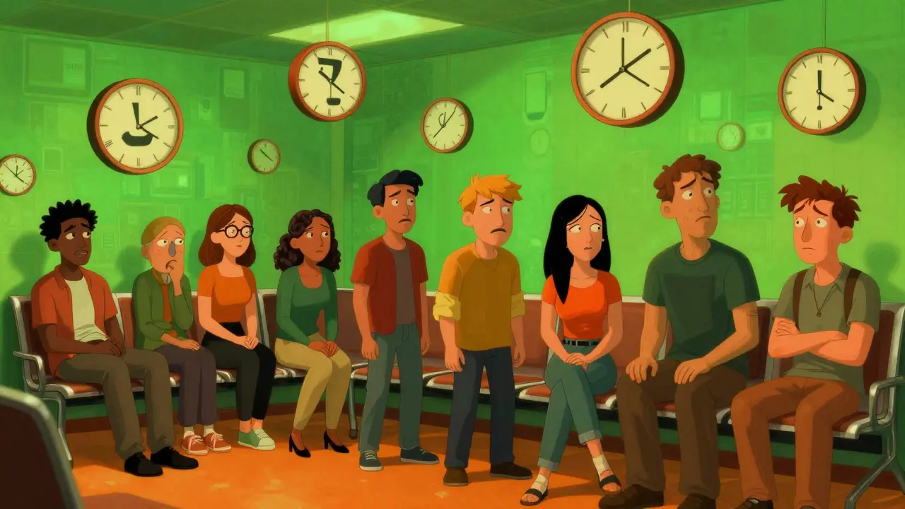 Surreální čekací místnost s hodinami a dlouhou řadou lidí