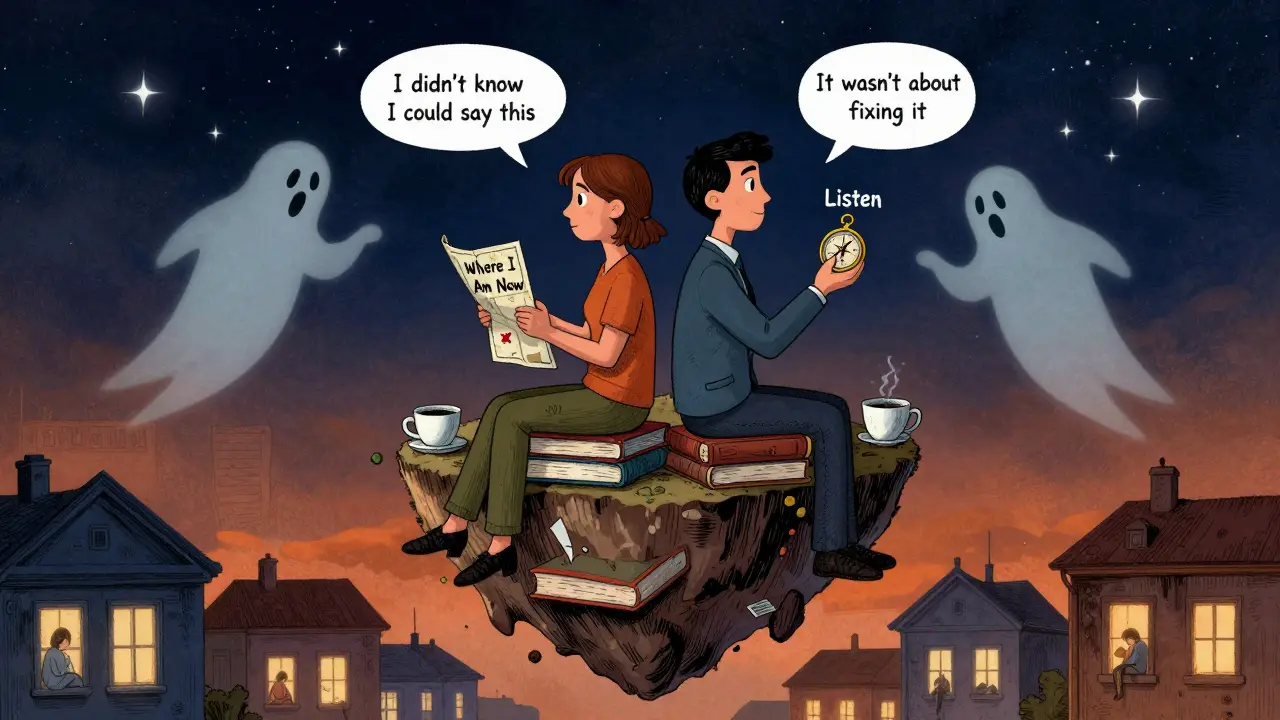 Terapeut a klient sedí zády k sobě na plavajícím ostrově, kolem nich se vznášejí symboly poslouchání a přijetí.