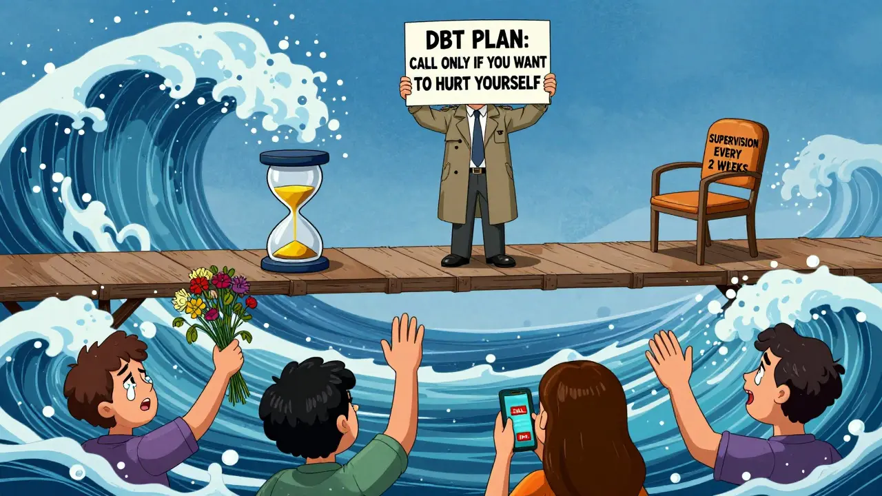 Terapeut na mostě nad emočním tsunami, klienti vlnami s dary a telefony, DBT plán viditelný.