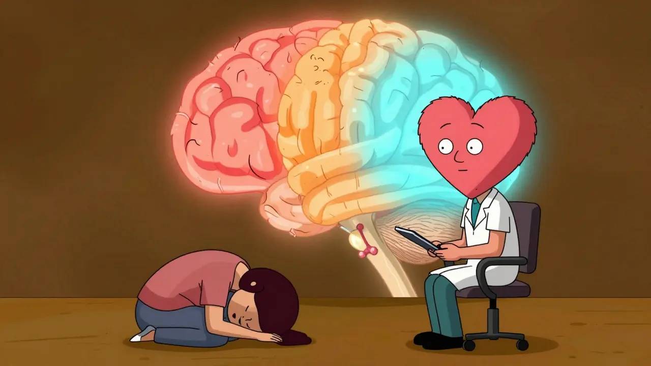 Terapeut s srdcem na hlavě vysvětluje tři systémy mozku klientovi, který se cítí zraněný.