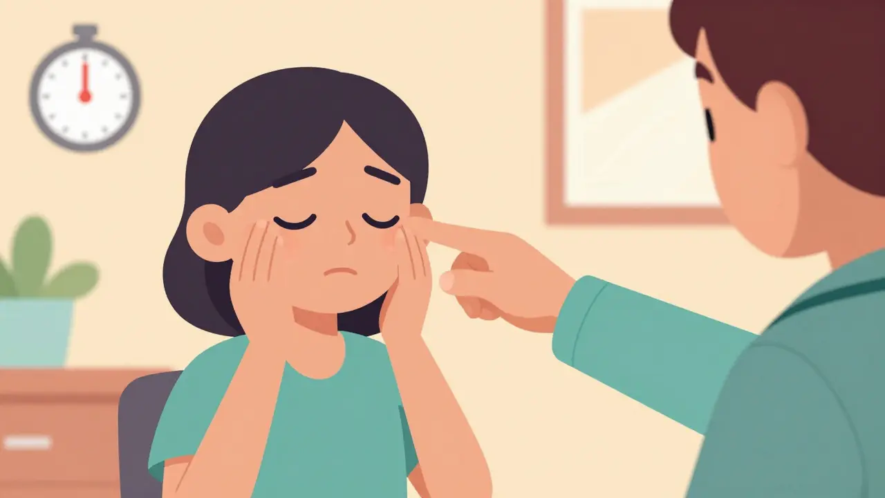 Terapeut ukazuje pacientovi protipohyb při mrkání, pomalu zavírá oči.