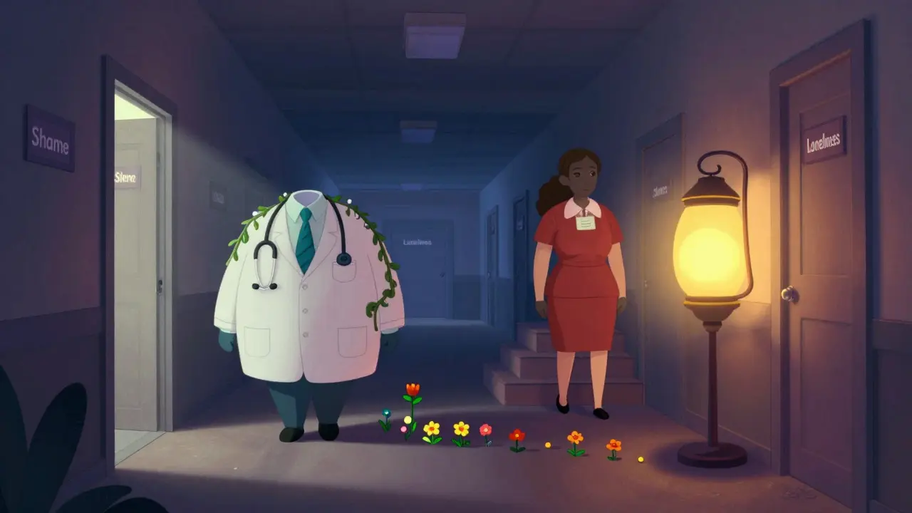 Tým podpory jde chodbou, kde se otevírají dveře se strachy, za nimi kvete naděje.