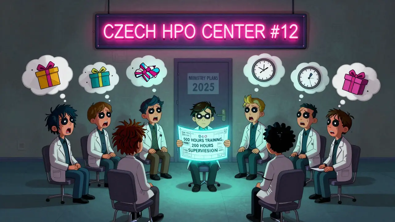 Vyčerpaní terapeuti v kruhu s myšlenkovými bublinami, plán výuky a tajemná dveře za nimi.