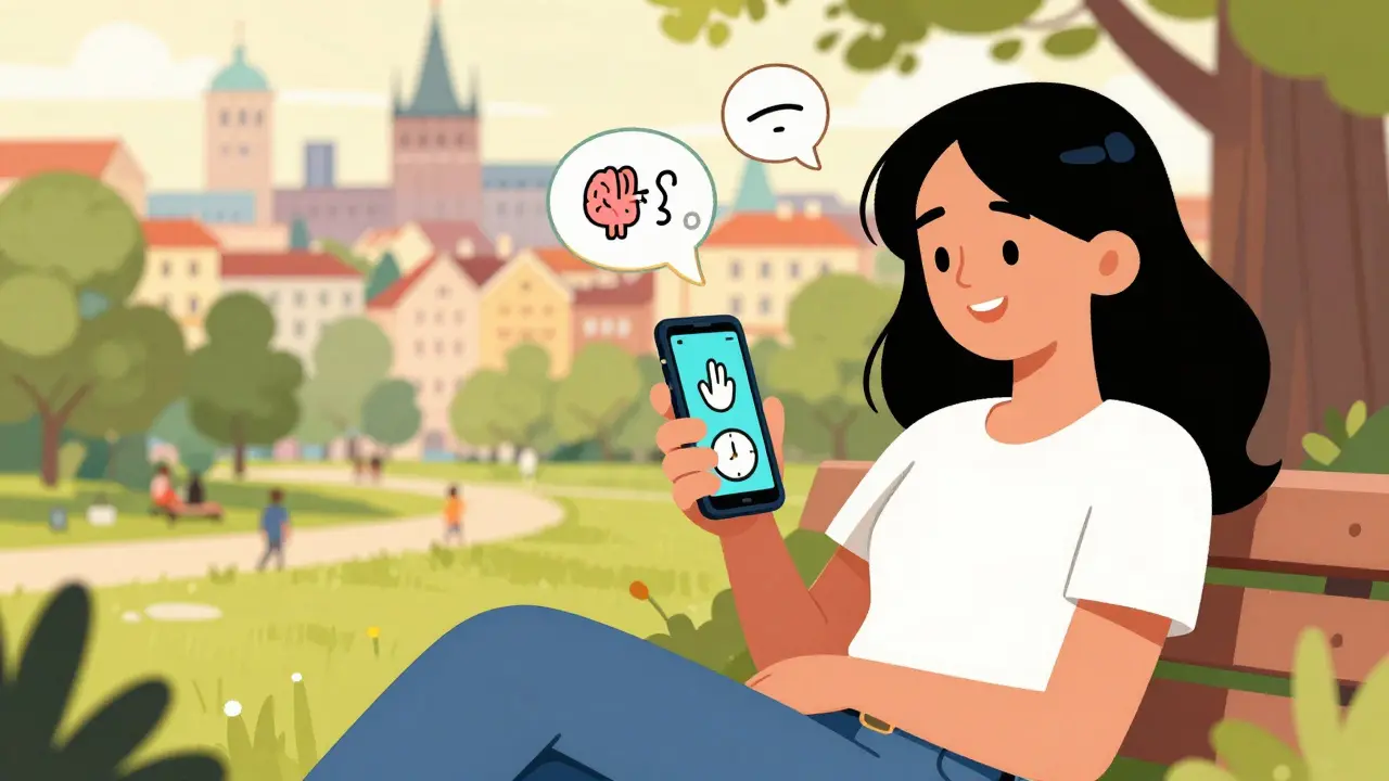 Žena v Praze používá mobilní aplikaci s ikonami pro řízení tiku.