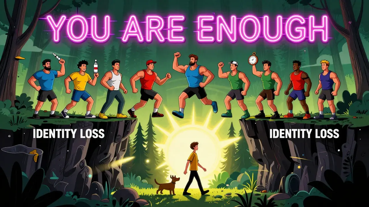 Atleti na okraji propasti, jeden z nich odchází do přírody, nad nimi svítí zpráva 'Jsi dostatečný'.