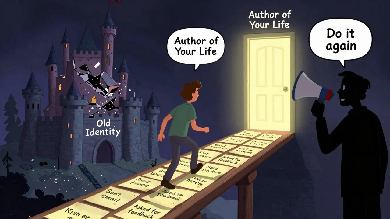 Člověk krokuje po mostě z malých činů směrem ke dveřím nové identity, zatímco stará se rozpadá.