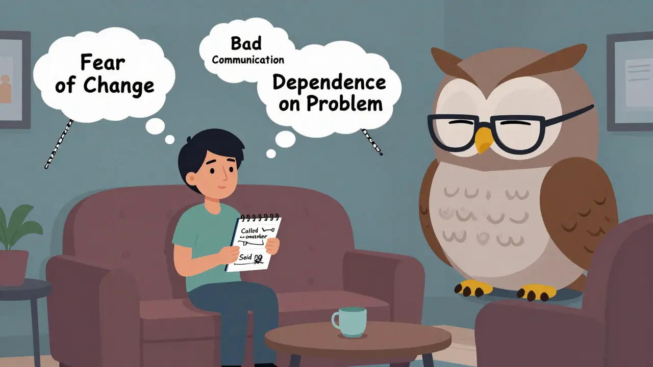 Člověk v terapii drží poznámky o činech, zatímco terapeutem je sleepy sova — neviditelné řetězy blokují pokrok.