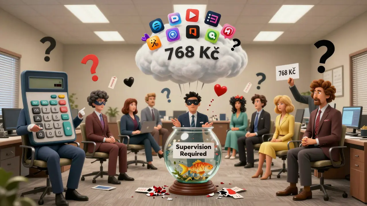 Deset neobvyklých terapeutů v přehnaných kostýmech v chaosu kancelářské lobbí.