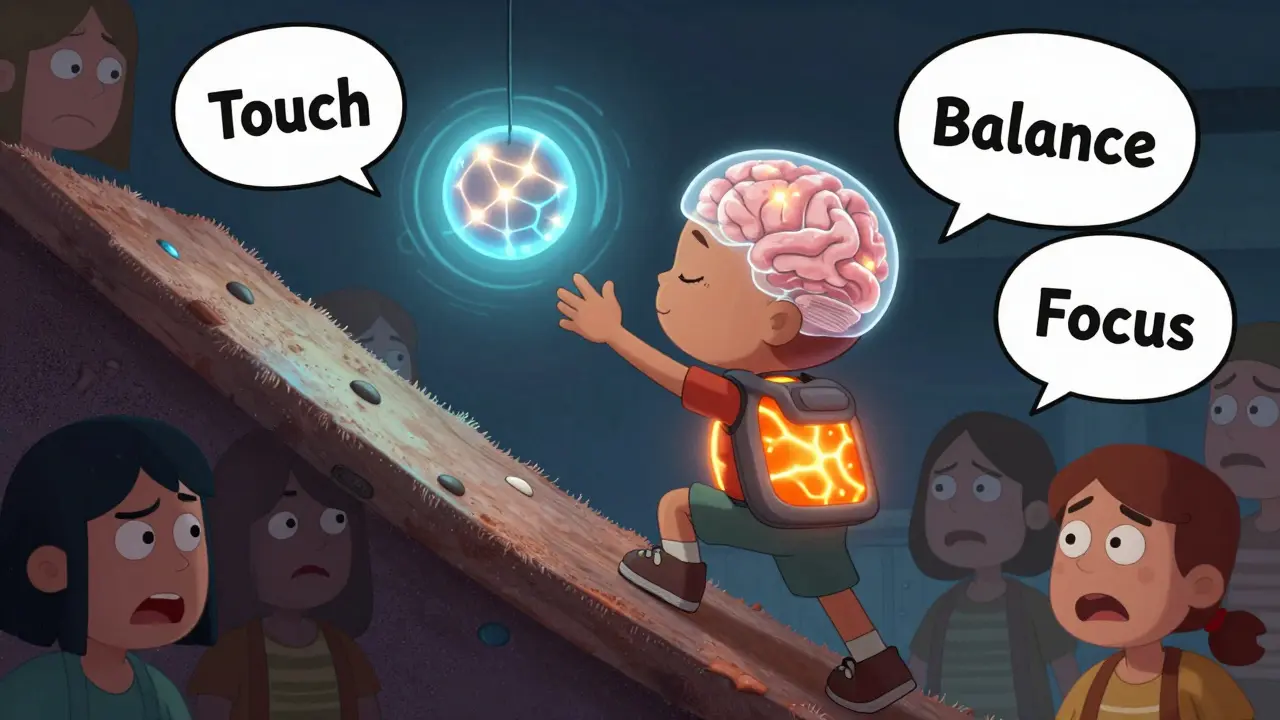 Dítě leze po nakloněné rovině s váhou a cítí klid, zatímco jeho mozek vytváří nové spojení.