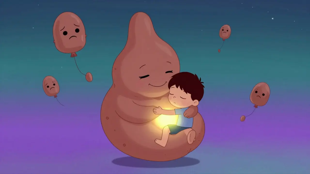 Dítě objímá přátelský střevní útvar v nočním nebi, symbol úlevy od zácpy.
