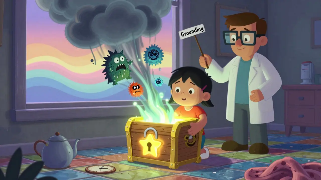 Dítě zavírá kouzelný trezor, do kterého ukládá své smutky, zatímco terapeut s velkými brýlemi ho podporuje.