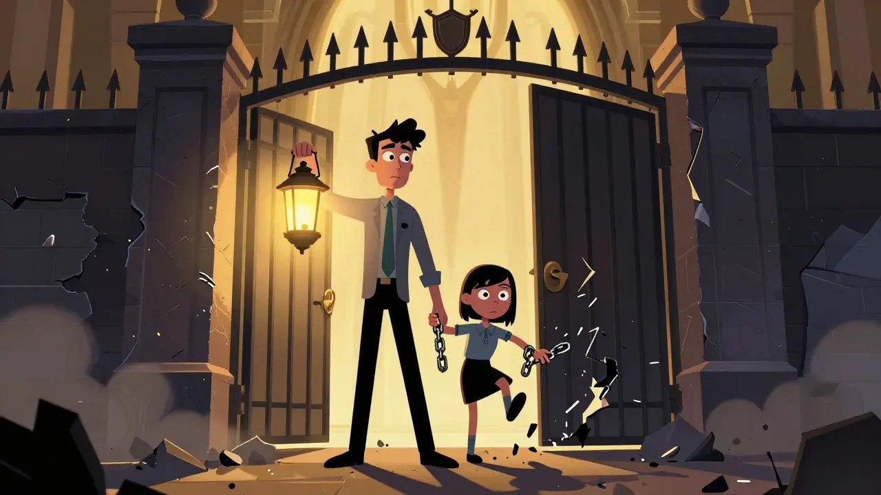 Dva lidé před bránou, řetězy se lámajo, cesta ke svobodě.