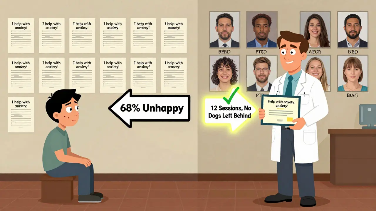 Dvě cesty: jedna s prázdnými terapeuty, druhá s terapeutem a potvrzenými úspěchy klientů.