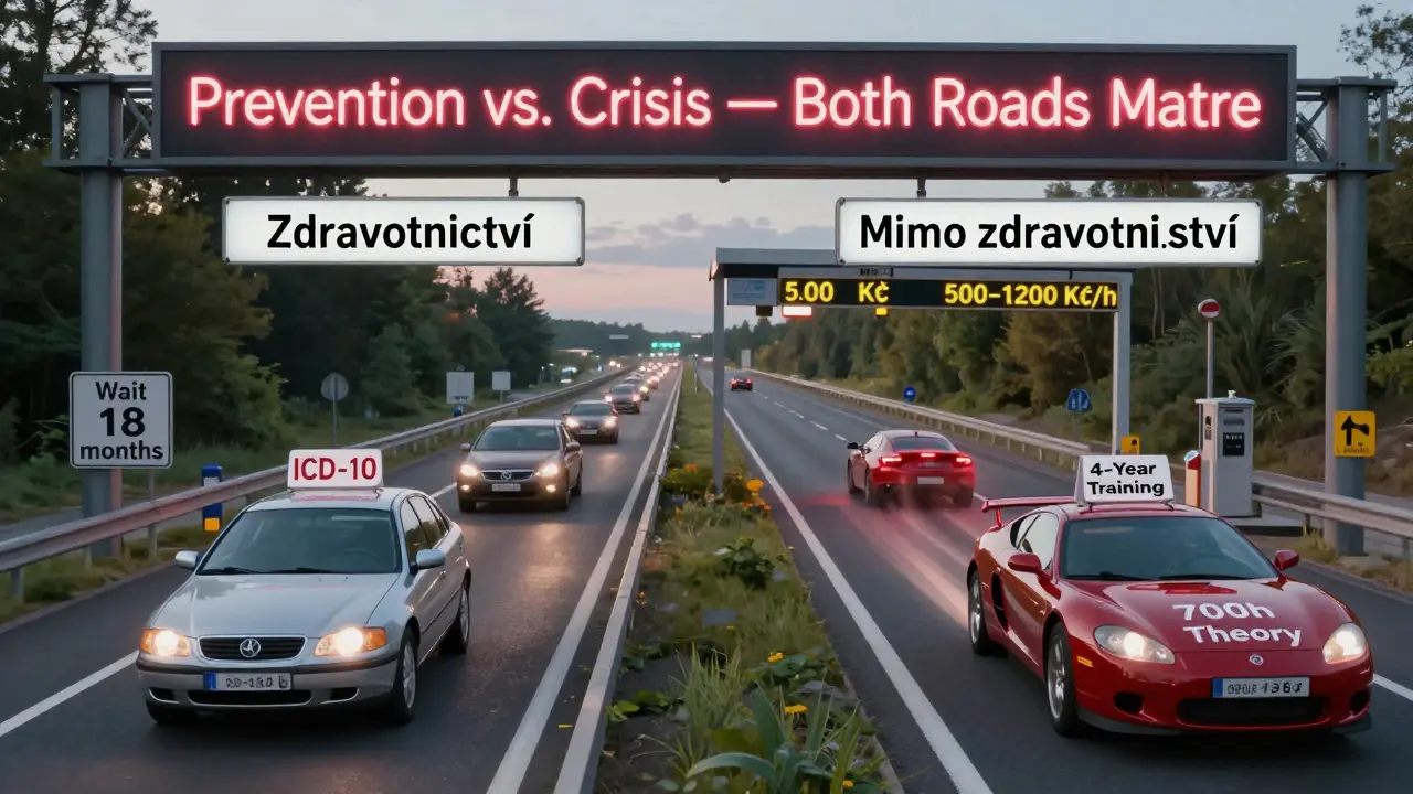 Dvě silnice: jedna pomalá, státní, druhá rychlá, placená — obě vedou k psychoterapii, ale jinými cestami.